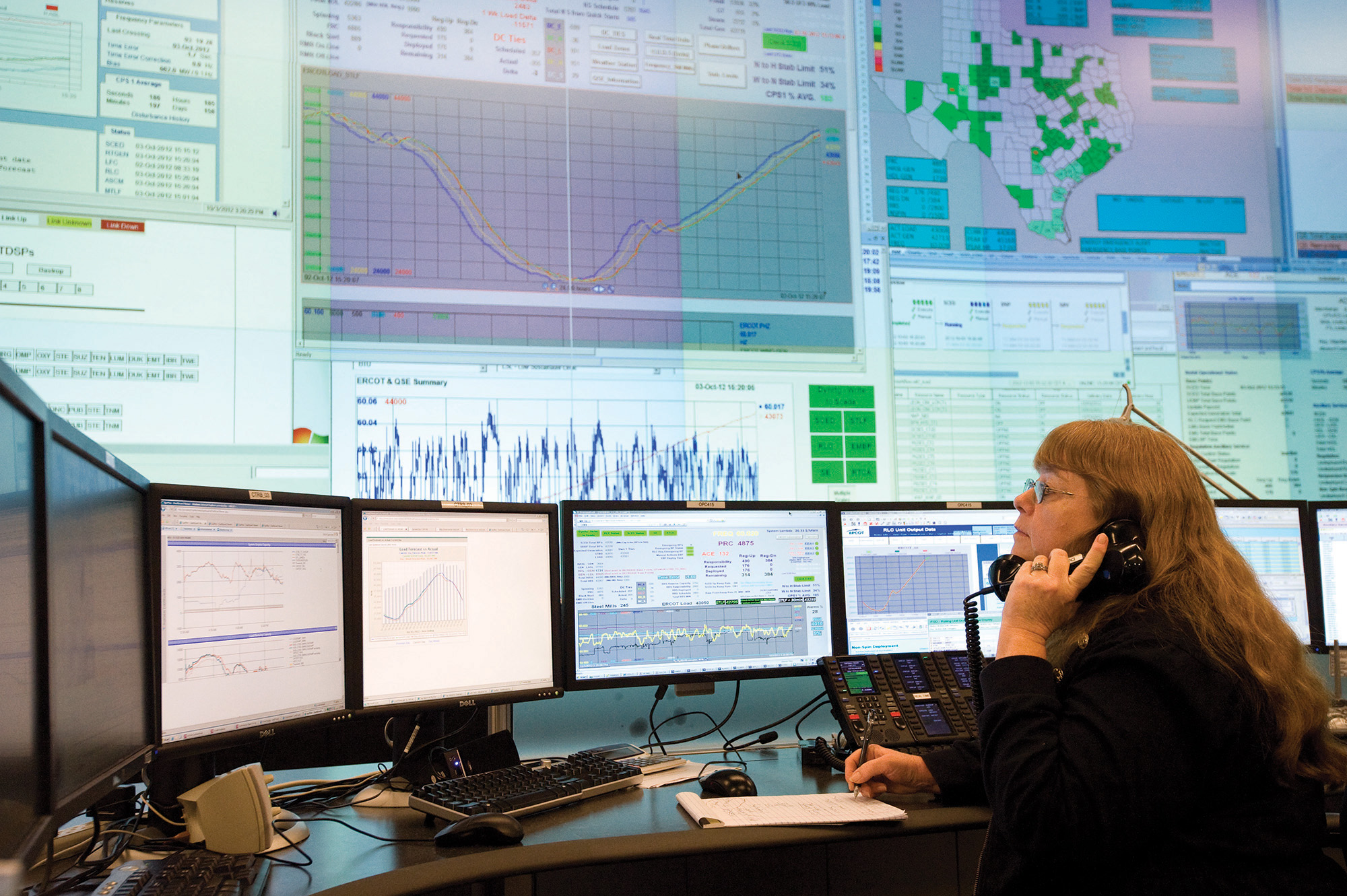 Grid control room operator monitoring power system displays