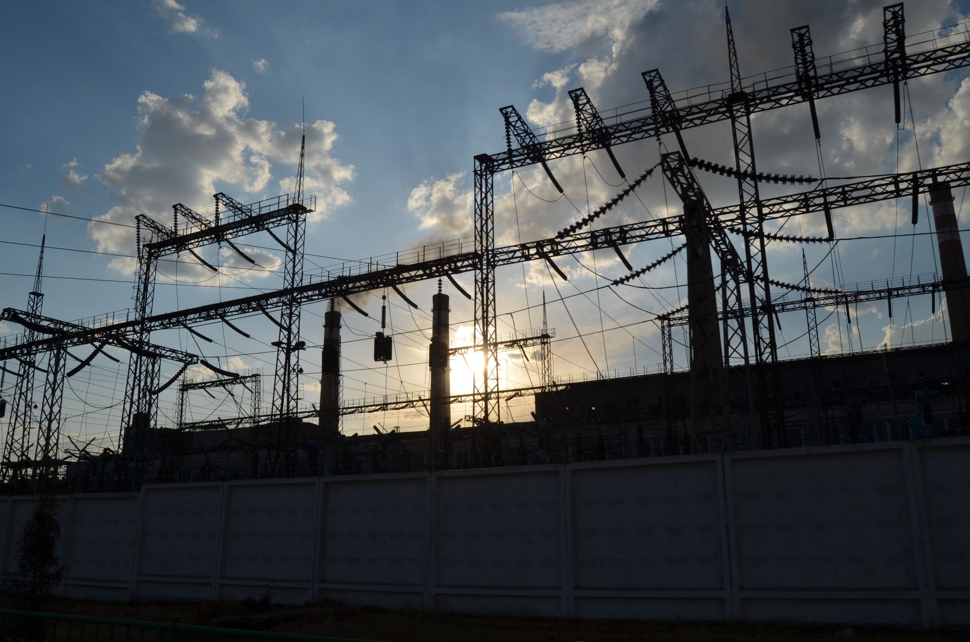 Electrical substation and transmission equipment in natural evening light